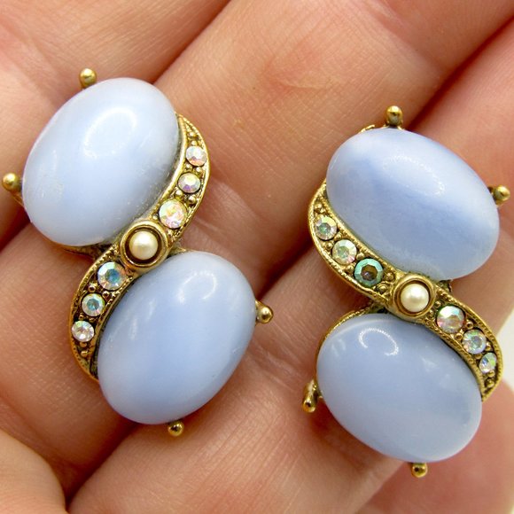 Vintage 1928 Earrings Moonglow Glass Rhinestones Baby Blue - Picture 1 of 4
